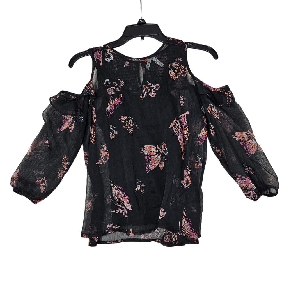 Mudd Cold Shoulder Blouse Womens XS Black Butterfly Print Sheer Boho Fairy Y2K